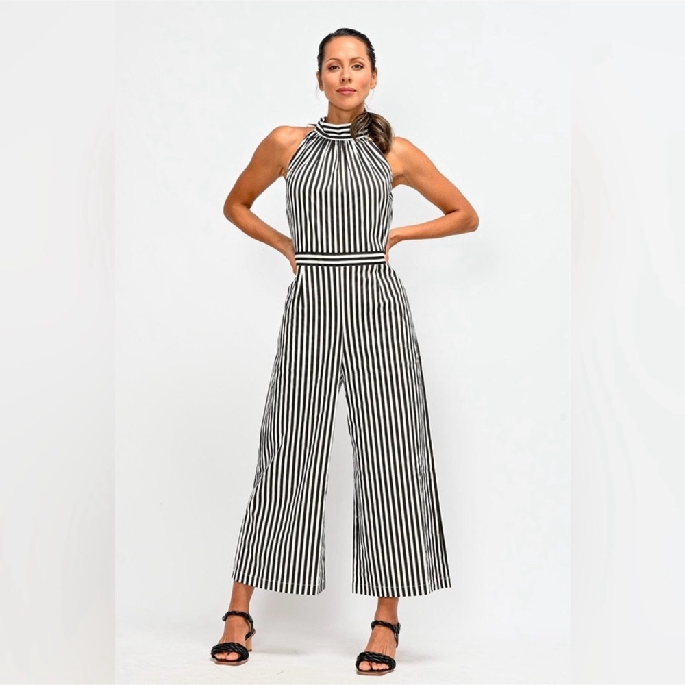 Wyatt Wylde Stella Striped Black & White Halter Wide-Leg Jumpsuit Size S